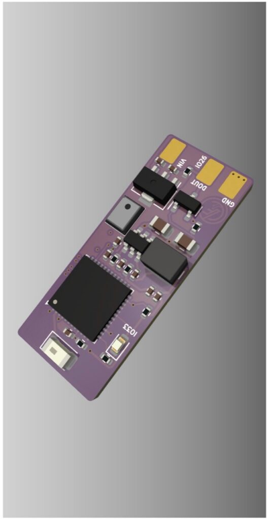 3D render of the component side of the purple Micro WLED controller PCB
