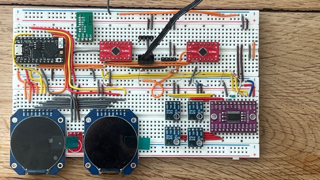Development breadboard for the earlier round-display Aeolus prototype
