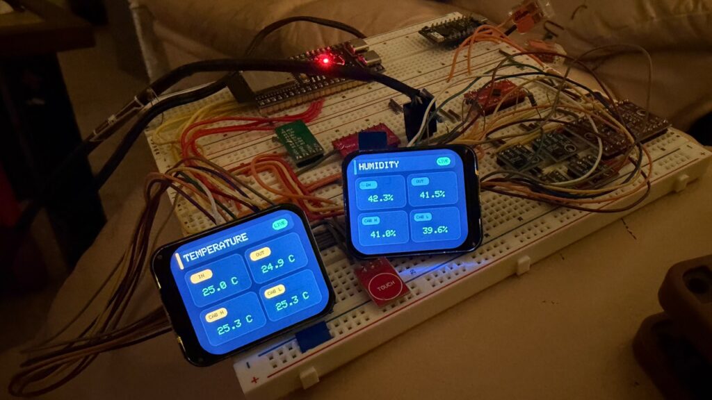 Current Aeolus breadboard with two rounded square displays showing live temperature and humidity