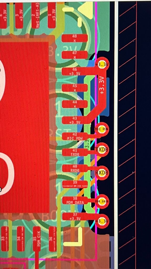 PCB layout view showing the ESP32-PICO-D4 power pads and 3.3 volt routing