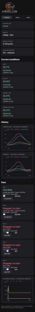 Mobile view of the dark Aeolus Web dashboard showing climate readings, history graphs and fan state